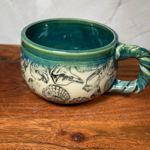 Handmade Ceramic Coffee Tea Mug: Green Aquamarine Blue Teal Flow Sea Shell Beach Coastal Ocean Sea Nautical image 2