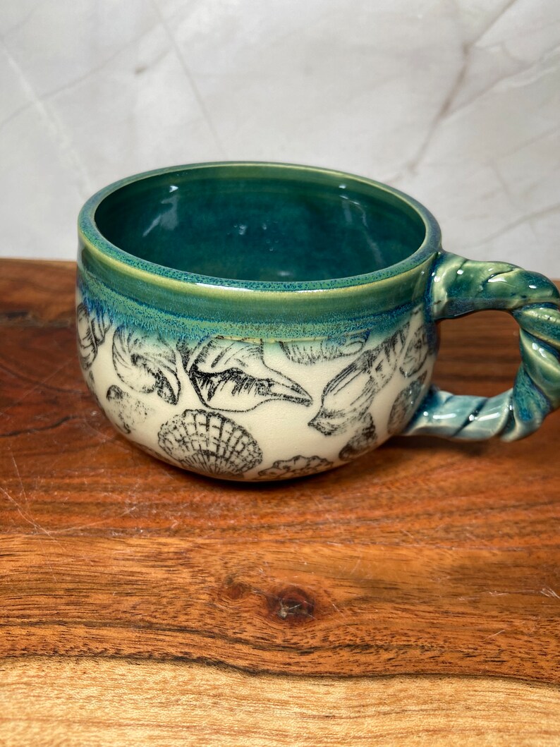 Handmade Ceramic Coffee Tea Mug: Green Aquamarine Blue Teal Flow Sea Shell Beach Coastal Ocean Sea Nautical image 2