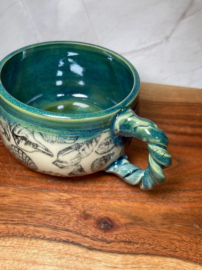 Handmade Ceramic Coffee Tea Mug: Green Aquamarine Blue Teal Flow Sea Shell Beach Coastal Ocean Sea Nautical image 7