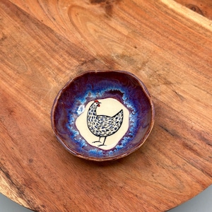Handmade Ceramic Jewelry Trinket Dish: Bright Blue Purple Chicken Polka Dot Flow Design