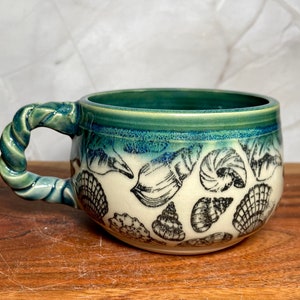 Handmade Ceramic Coffee Tea Mug: Green Aquamarine Blue Teal Flow Sea Shell Beach Coastal Ocean Sea Nautical image 1