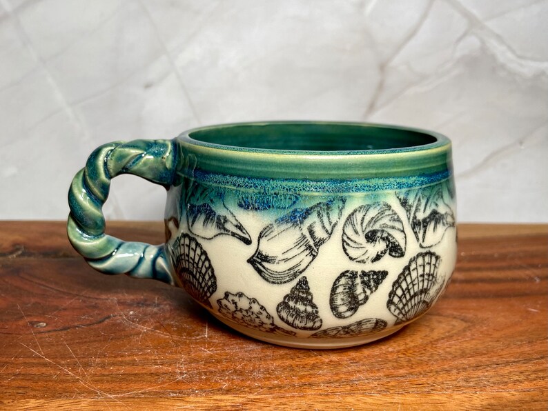 Handmade Ceramic Coffee Tea Mug: Green Aquamarine Blue Teal Flow Sea Shell Beach Coastal Ocean Sea Nautical image 1