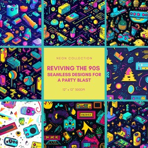 Puede incluir: Nueve patrones sin costuras coloridos con gráficos de estilo retro de los 90, que incluyen cintas de cassette, boomboxes, mandos de videojuegos y formas geométricas. Los patrones son perfectos para decoraciones de fiestas, invitaciones o telas.