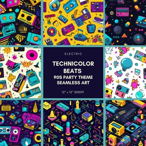 Può includere: Nove motivi senza cuciture colorati con design a tema festa retrò degli anni '90. I motivi includono cassette, boombox, giradischi e altre icone legate alla musica. Il testo "ELECTRIC TECHNICOLOR BEATS 90S PARTY THEME SEAMLESS ART 12" x 12" 300DPI" è visualizzato al centro dell'immagine.