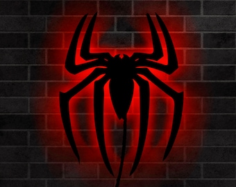 May include: A black silhouette of a spider with a red glow around it, against a dark brick wall background.