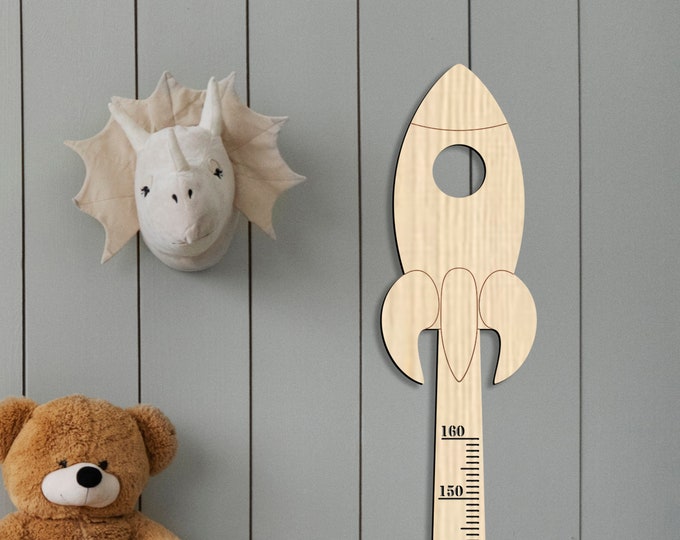 Grafico di crescita del righello personalizzato Rocket, grafico di crescita del legno, grafico di crescita dei bambini, arredamento della cameretta in legno, grafico dell'altezza in legno