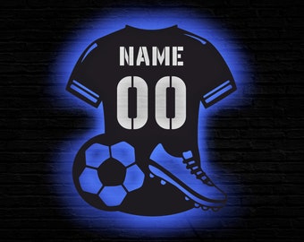 Kit de equipo de fútbol con letrero LED personalizado, letrero LED con nombre personalizado para camiseta de fútbol, decoración de habitación para niños con camiseta del equipo de fútbol