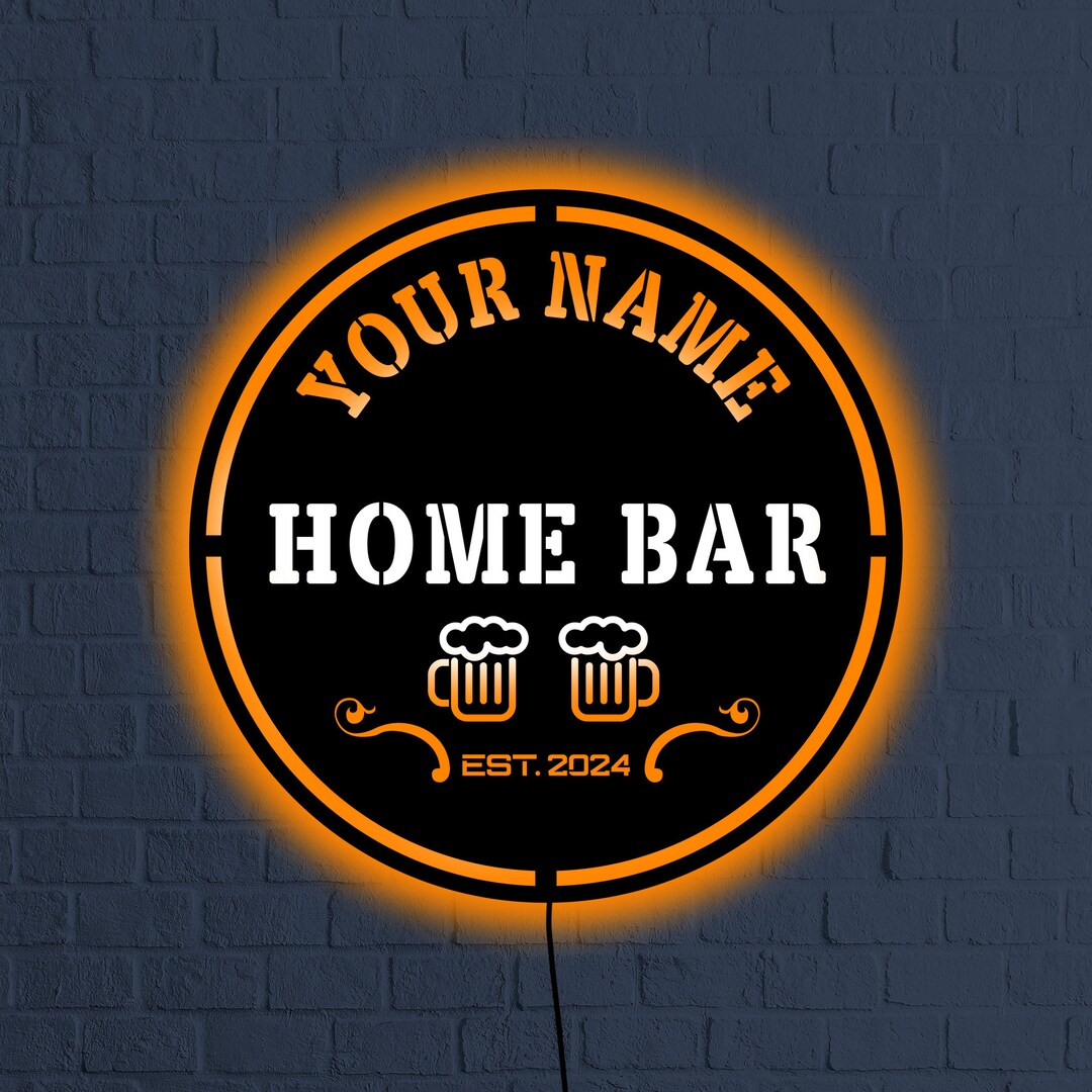 Bar Wall Decor With Led Lights, Personalized Bar Sign, Wood Wall Art ...