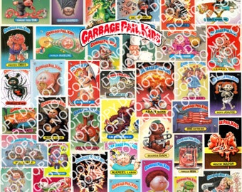 May include: A collage of colorful trading cards featuring cartoon characters with the title "Garbage Pail Kids". The cards feature a variety of characters with different expressions and poses.