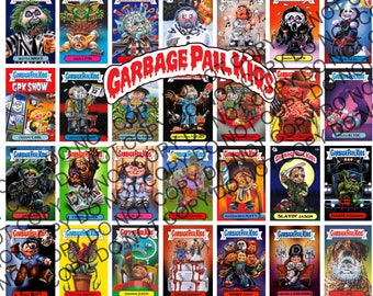 May include: A set of 25 Garbage Pail Kids trading cards featuring various cartoon characters with humorous and grotesque expressions. The cards are colorful and have a retro style.