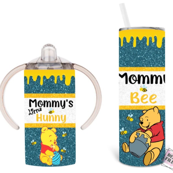 Digital File Teal Tumbler Wrap Pooh Mommy and Me Sippy and Straight PNG