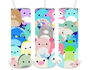 May include: Three stainless steel tumblers with colorful cartoon characters and the word "Squishmallow" on one of the tumblers.