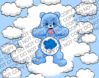 May include: A blue cartoon bear with a cloud on its belly and a raindrop on the cloud. The bear is sticking its tongue out and has a mischievous expression on its face. The bear is surrounded by white clouds against a light blue background.