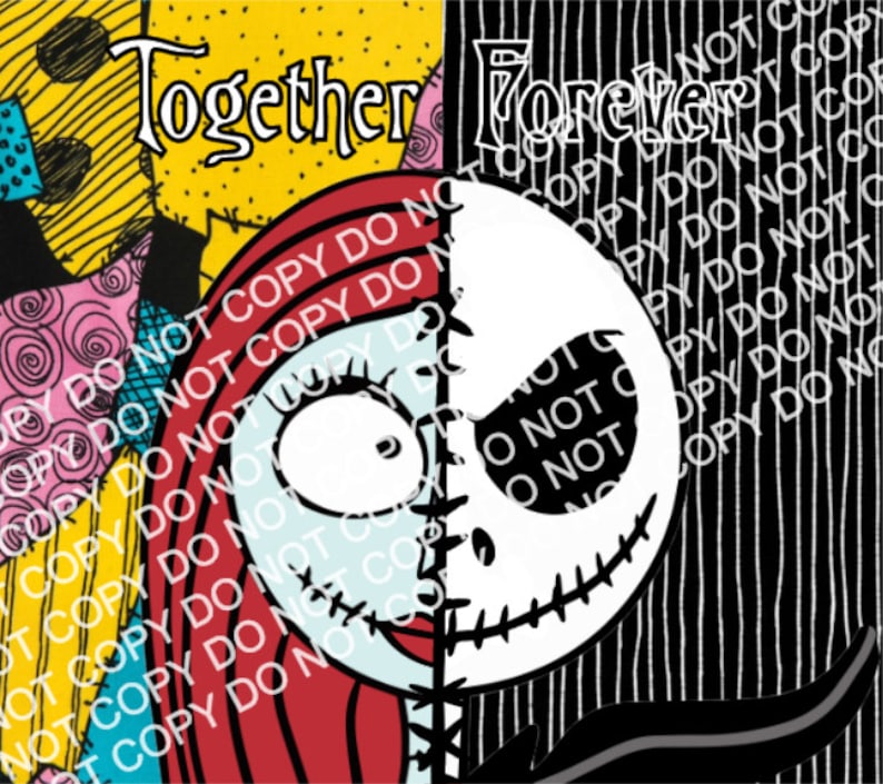 Może przedstawiać: Cyfrowa ilustracja Jacka Skellingtona i Sally z filmu Koszmar przed świętami. Obraz jest podzielony na p&oacute;ł, z Jackiem po prawej i Sally po lewej. Tekst "Together Forever" jest napisany na g&oacute;rze obrazu.