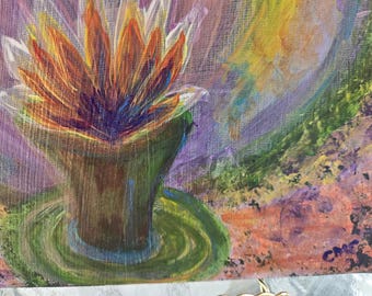 Lotus Lamp, 10x8 Acrylic Gicilee Canvas Gatorboard Abstract Art by CMC