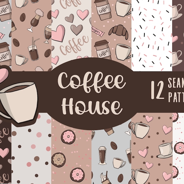 Coffee House Digital Paper Pack, coffee shop cafeteria bean pattern, Seamless patterns, Barista digital papers, coffe lover cappuccino latte