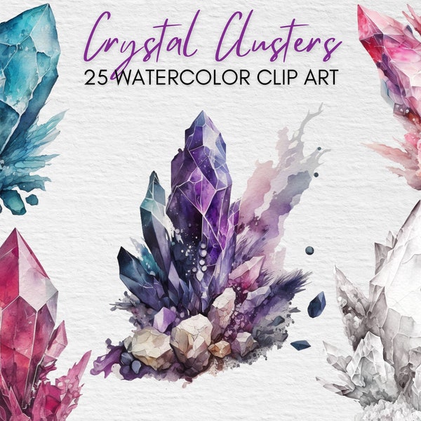 Watercolor Crystals Clipart Bundle, Magic Crystals Clip Art, Natural Crystals PNG, Amethyst Clipart, Rose Quartz Clip art