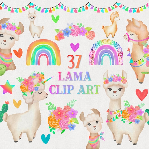 Rainbow Llama Clipart Bundle, Watercolor Llama png, Alpacas clip art, Decorated Llama, Cute llama graphics, Easter, Spring Digital Dpwnload