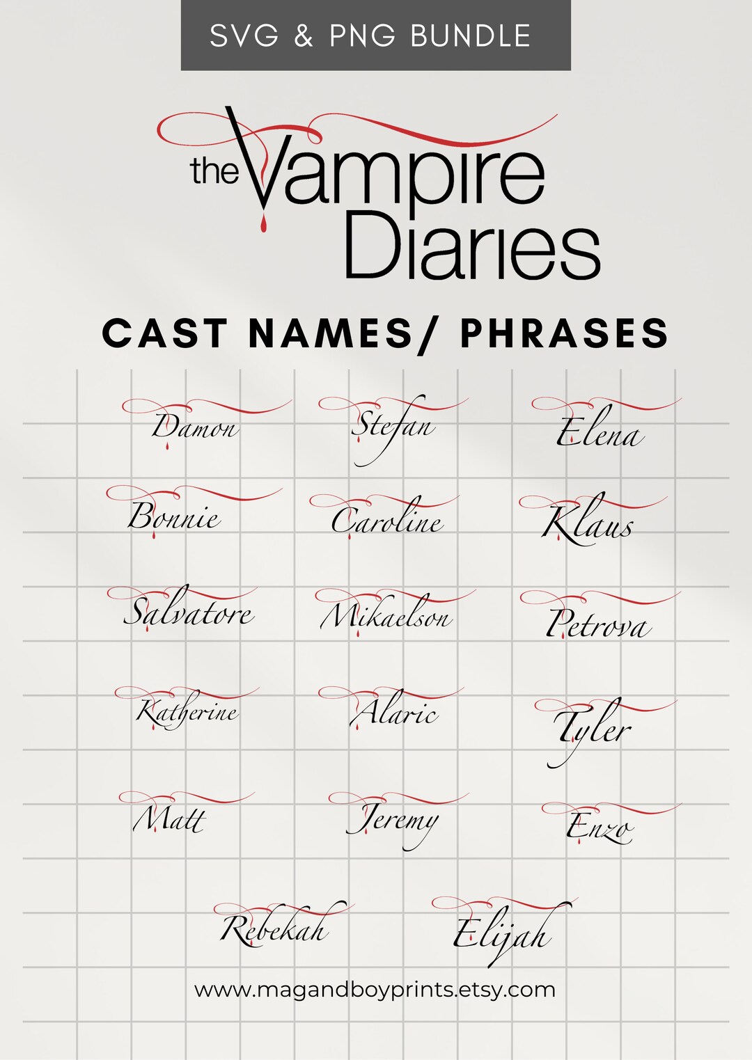 Vampire Diaries PNG Sublimation Bundle Vampire Diaries Cast Names Vampire Diaries PNG TVD Clip