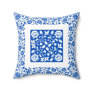 Blue Floral Design Spun Polyester Square Pillow