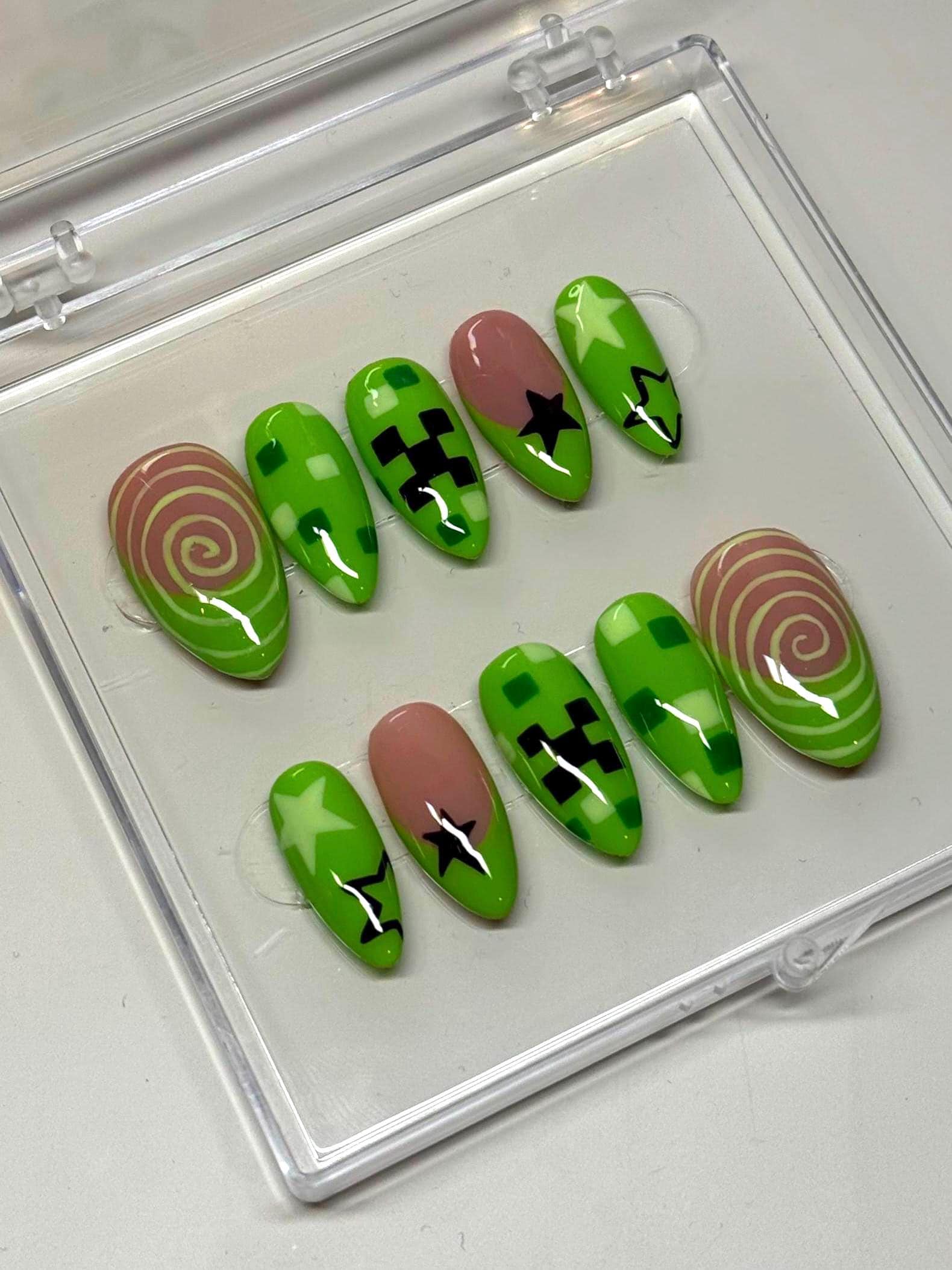 Mine Green Craft Pixel Art Press on Nails, Gamer Girl Almond Nail