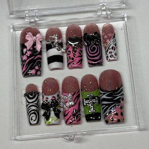 00s - Press On Nail Set | Y2K Trashy Aesthetic Charms Junk Nails Stars Cheetah Print Zebra Print McBling Nails
