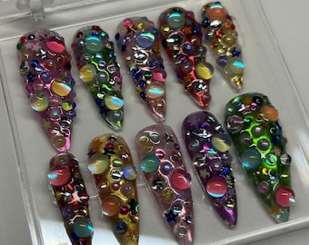 Press On Nails: Y2K Rainbow Chrome Stiletto with Gems, Charms