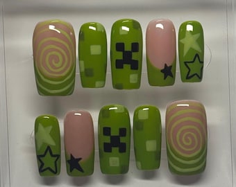 Mine Green Craft Pixel Art Press On Nails, Gamer Girl Almond Nail Set