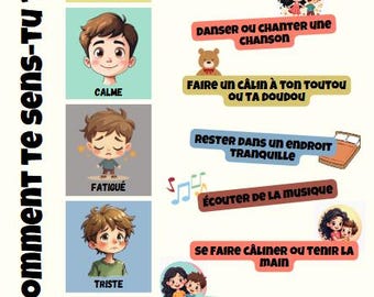 May include: A chart with illustrations of different facial expressions and corresponding suggestions for how to feel better. The expressions include happy, calm, tired, sad, and angry. The suggestions include dancing, listening to music, cuddling a stuffed animal, being in a quiet place, and talking to someone.
