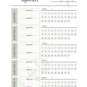 Peut inclure: Un suivi d'habitudes blanc avec le texte français "Mes habitudes et objectifs" en haut. Le suivi comporte des espaces pour les habitudes et les objectifs, avec une grille de calendrier mensuelle pour suivre les progrès. Des éléments floraux décoratifs sont présents.
