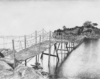 Graphite Landscape, seascape, pencil drawing, bridge, ocean, Cameo Island, wall decorations, print