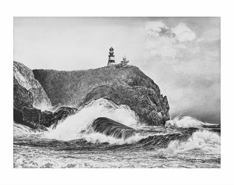 Graphite Landscape, waves, seascape, pencil drawing, Cape Disappointment, wall decorations, print