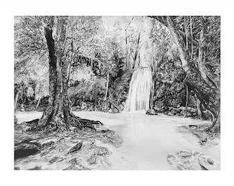 Graphite Landscape, Secluded Pond, trees, forest, leaves, waterfall, pencil drawing, wall decorations, print