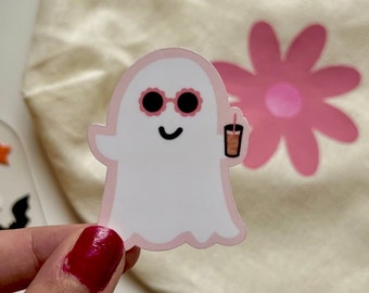 Groovy Ghost Sticker, Iced Coffee Sticker, Ghost Sticker, Halloween Sticker, Halloween, Pink Halloween, Sticker, Laptop Decal, Waterproof