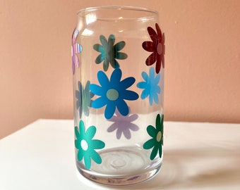 Daisy Glass Cup, Coffee Cup, Beer Can Glass, Iced Coffee Cup, Retro Daisy Glass, Glass Cup, Glass Tumbler, Flower Glass Can, Flower Tumbler