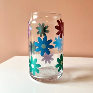 Daisy Glass Cup, Coffee Cup, Beer Can Glass, Iced Coffee Cup, Retro Daisy Glass, Glass Cup, Glass Tumbler, Flower Glass Can, Flower Tumbler