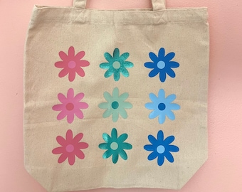 Daisy Tote Bag, Floral Tote Bag, Canvas Tote Bag, Canvas Bag, Flower Tote Bag, Book Tote Bag, Travel Bag, Beach Bag, Cute Tote Bag