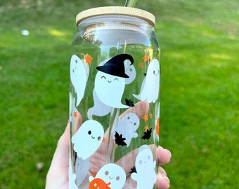 Halloween Glass Cup, Ghost Iced Coffee Glass, Halloween Tumbler, Halloween Cup, Ghost Glass Tumbler, Fall Coffee Mug, Ghost Cup With Lid