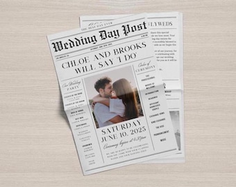 Newspaper Wedding Program, Editable Template, Wedding Timeline, Canva Templates, DIY and Printable