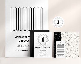 Black and White Kids Birthday Party Invite and Sign Set Template Download