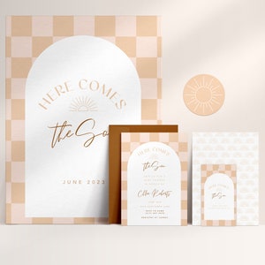 Modern Here Comes the Son Baby Shower Invite, Sign and Tag Set Template Download