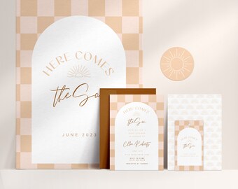 Modern Here Comes the Son Baby Shower Invite, Sign and Tag Set Template Download