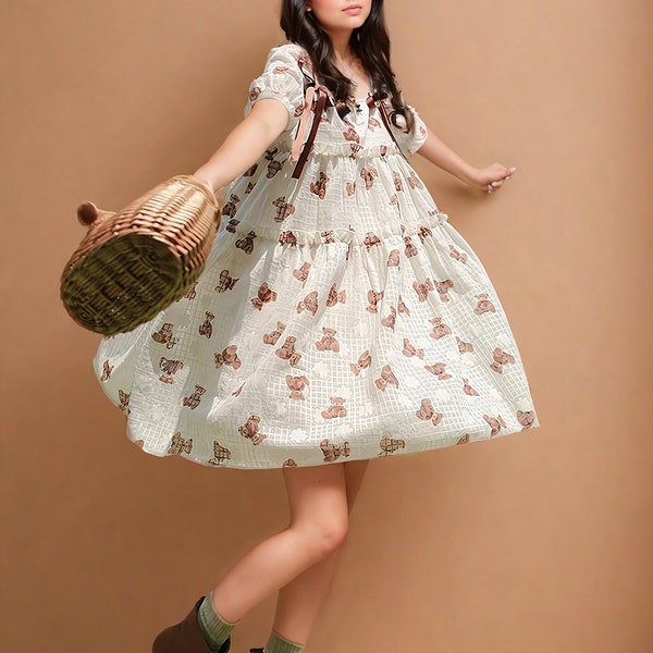 Lindo vestido de lolita de oso de peluche, vestido de lolita casual dulce, vestido de lolita de verano, vestido kawaii, J-Fashion