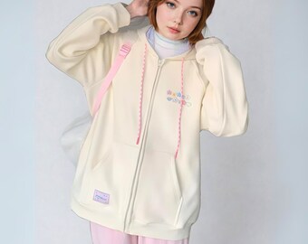 Beige Kawaii Hoodie, Adorable Zip Up Girly Hoodie, Embroidered Patch, Harajuku Clothing, J-Fashion, Gift For Her