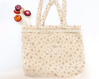 Kawaii Flower Tote Bag, Adorable Tote Bag, Floral Shoulder Bag, Cute Pastel Flowers Bag, Vintage Style Bag, Cottagecore, Coquette
