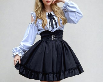 Cute Blue Jirai Kei Blouse Skirt Set, Jirai Kei Shirt & High-Waist Skirt Set, Girly Kei, Ryousangata, J-Fashion