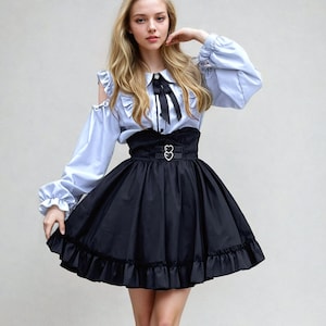 Cute Blue Jirai Kei Blouse Skirt Set, Jirai Kei Shirt & High-Waist Skirt Set, Girly Kei, Ryousangata, J-Fashion