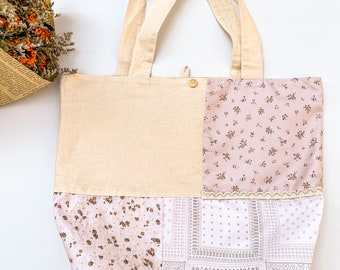 Cute Flower Tote Bag, Pink Floral Patchwork Shoulder Bag, Adorable Flowers Canvas Bag, Kawaii Tote Bag, Cottagecore