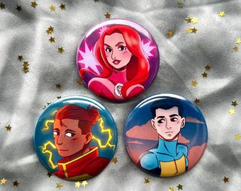 Invincible 1.5" (37mm) Badges and Buttons (Mark, Eve and Rex)