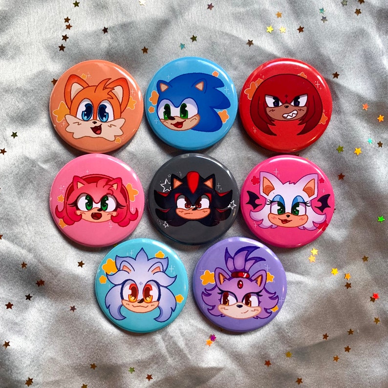 Sonic And Friends Cute Homemade 1.5 37mm Badges and Buttons Tails, Knuckles, Amy Rose, Shadow, Rouge and more image 1